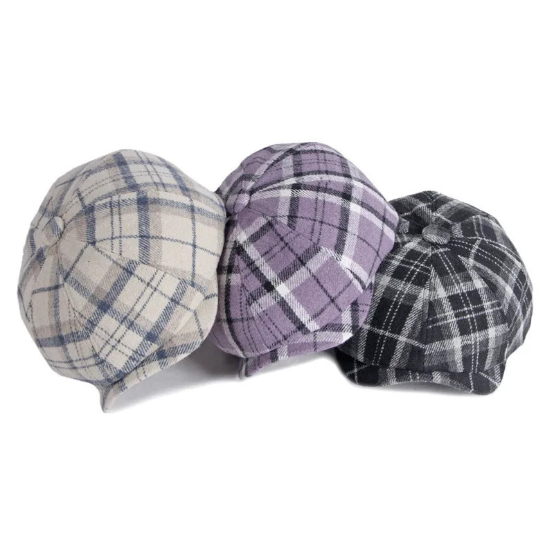 LDSLYJR Autumn Winter Polyester Plaid sboy Caps Flat ed Cap Men and Women Painter Beret Hats 61 251021