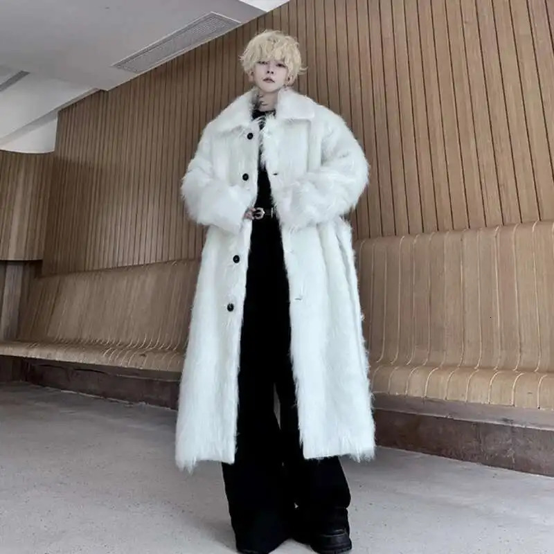 PNW Belt Single Breasted Thickened Winter Long Faux Fur Coat For Men Black White Fashion n Loose Cottonpadded 9C8121 251016