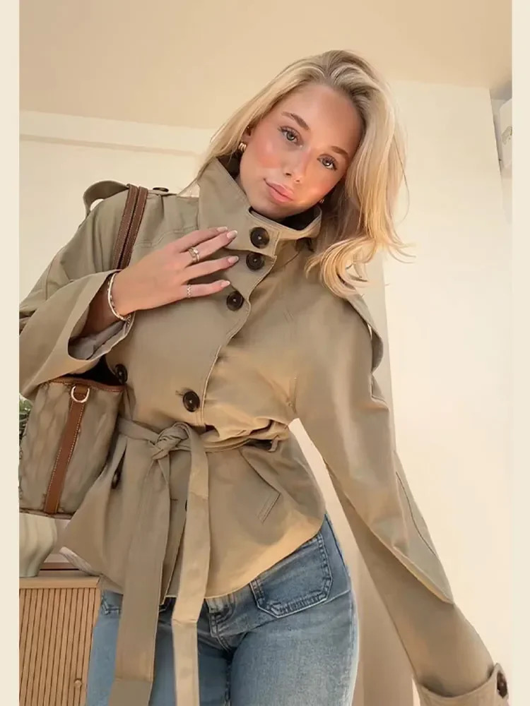 Women Solid Lace Up Trench Coat Elegant High Neck Double Breasted Full Sleeve Windbreaker Lady Fashion Street Casual Daily Coats 251021
