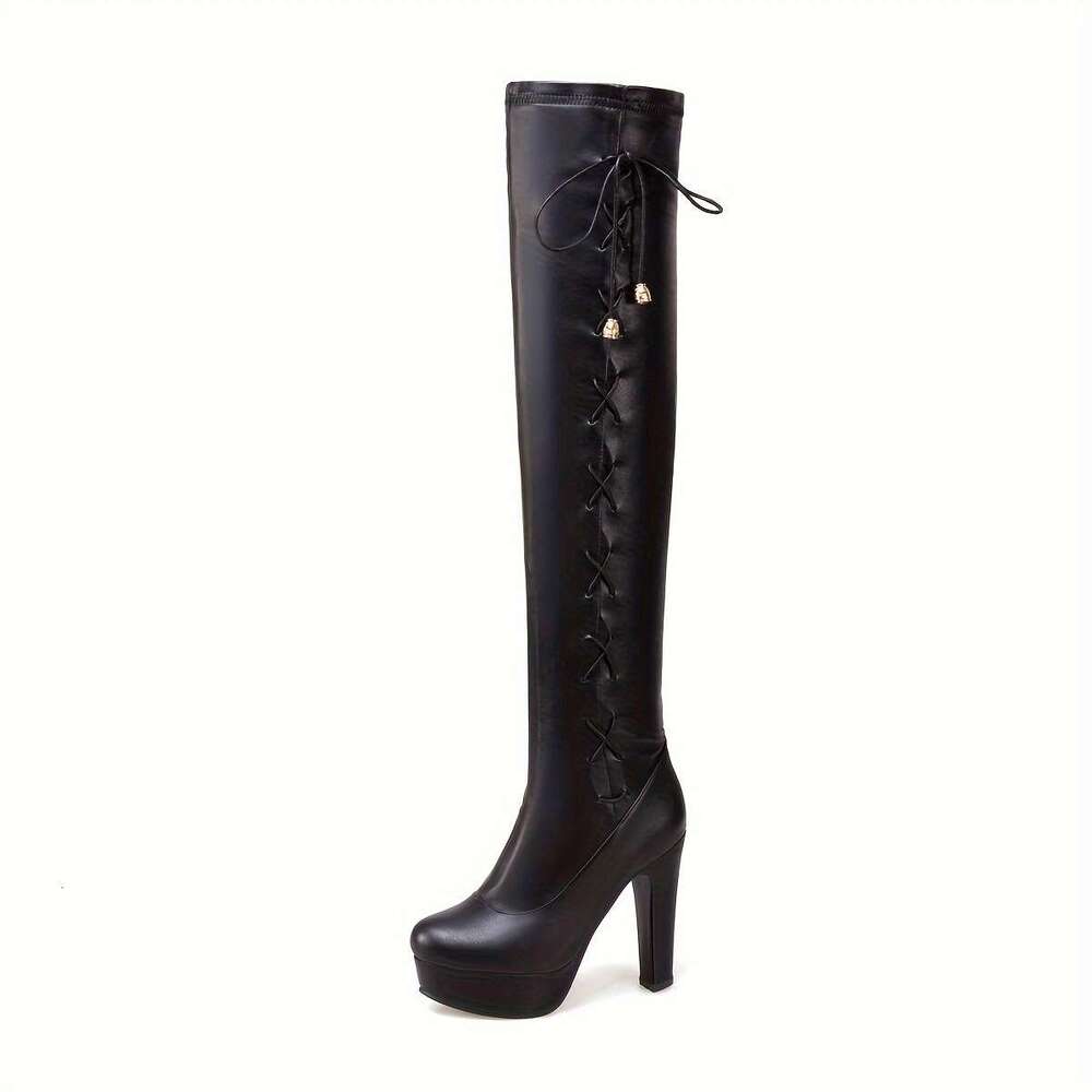 Women's Chunky Platform Knee-High - Slip-On Elastic Faux Cover Winter With Round Toe, Leg Silhouette Comfortable Rubber Sole For Casual & Ocns, F
