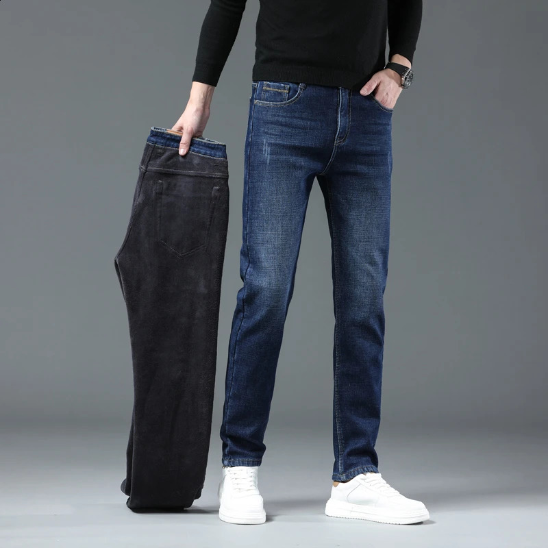 Winter Men Fleece Warm Jeans Classic Style Business Casual Thicken Velvet Slim Denim Pants Trousers Male Size 2842 251018