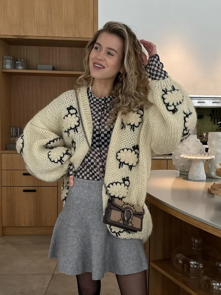 Lantern Sleeve Embroidered Sheep Loose Women Cardigan VNeck Chunky Knit 2025 Autumn Playful Cute Coat Causal Chic Lady Sweater 251013