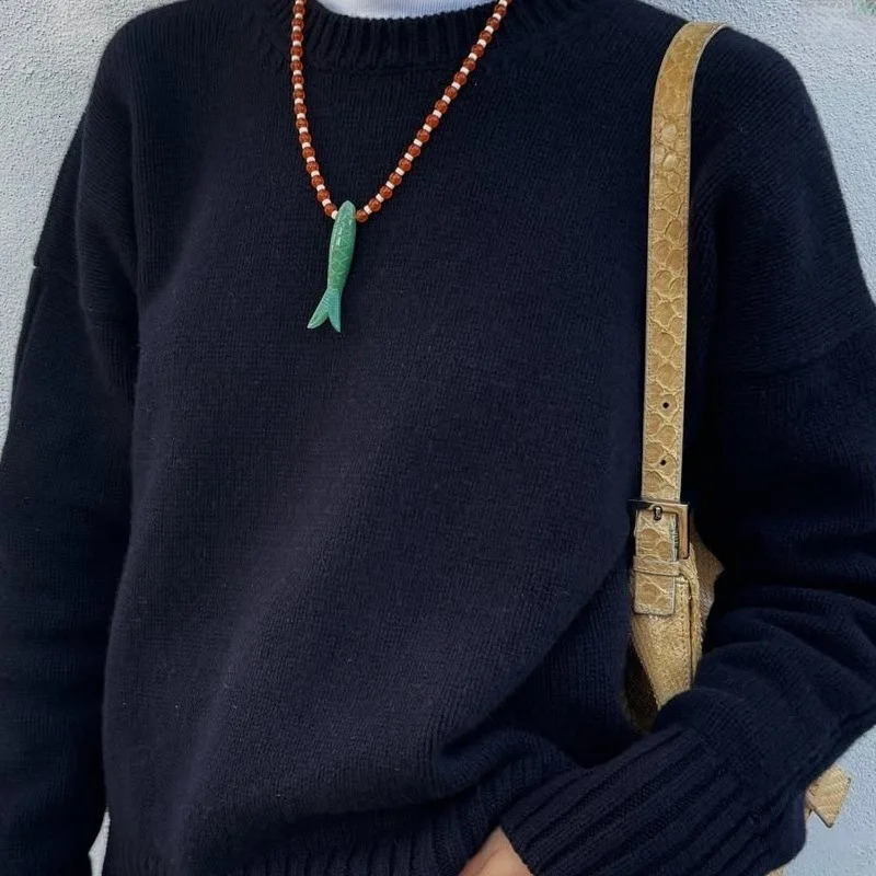 Stone Carved Small Fish Shell Bead Necklace Simple Colorful Stone Clavicle Chain Holiday Jewelry 251016