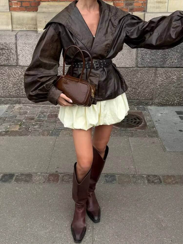 Women Brown Belt Navy Collar Leather Jacket Casual Full Sleeve Zipper Pocket Slim Cropped Pu Coat Lady New Highstreet Party Wear dongdumaoyi