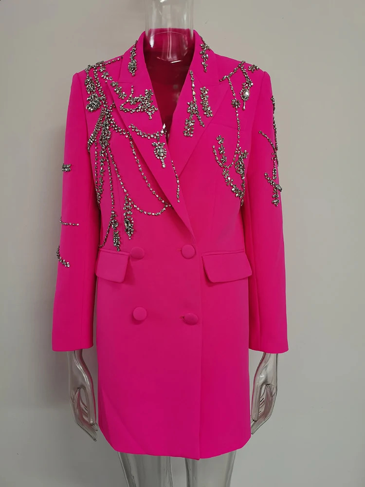Festival Outfits with Diamonds Outfit Blazer Handmade Long Blazer Dress Jacket Double Breasted Button Pink Dress Suit Women 251020