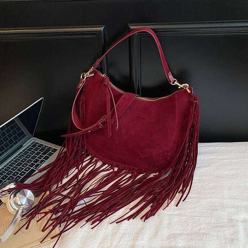 PU Tassel Solid Color Shoulder Zipper Large Capacity Bags On Sale 2025 Fashion Versatile Ethnic Women's Handbags