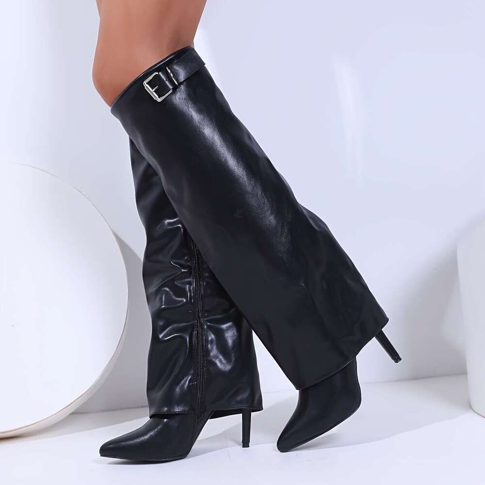 Women's Elegant Pointed Toe Stiletto Ankle Boots With Decorative Buckle & Zipper Closure - Black Faux Dress Booties For Parties, Weddings, Formal