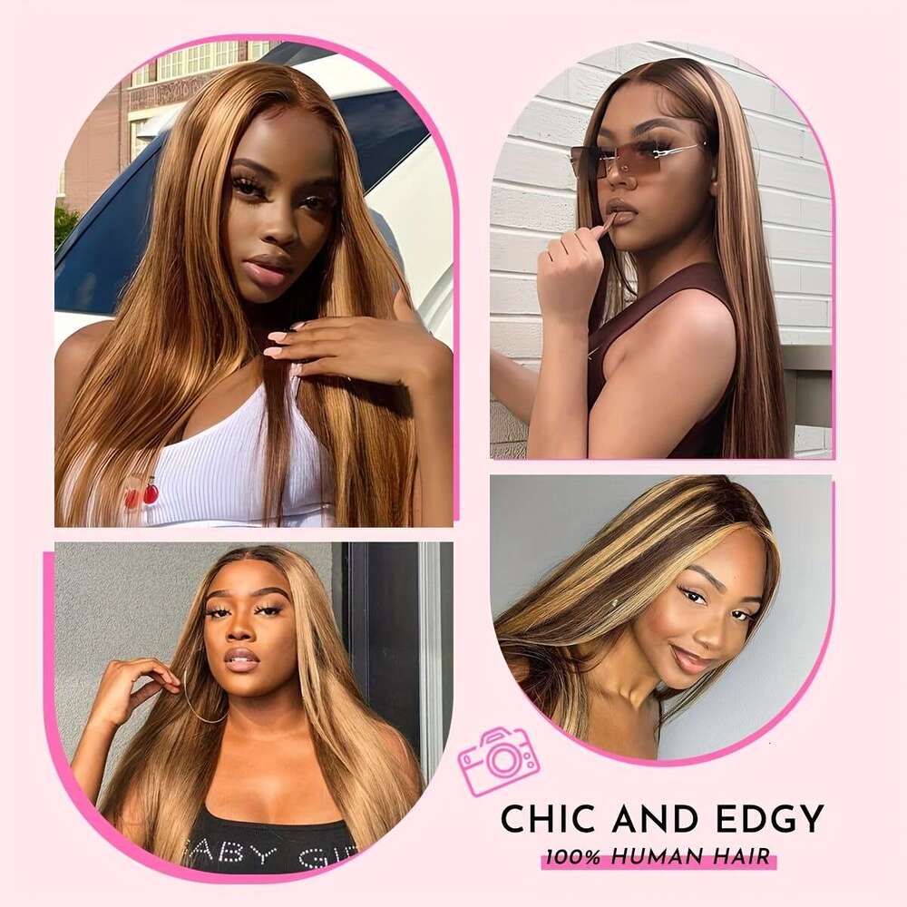 13x4 Honey Blonde Straight Lace Front Highlight Ombre 200% Density Plucked Pre Cut Transparent Frontal Human Wigs For Women With Baby Hair 4/27