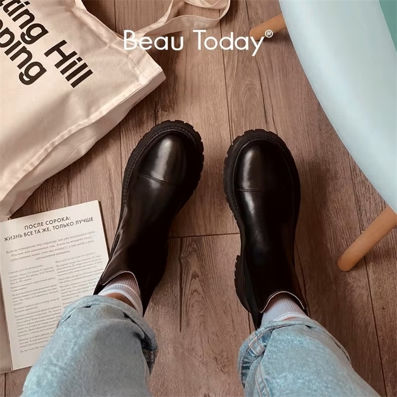 BeauToday Ankle Boots Platform Women Cow Leather Chelsea Boots Round Toe Elastic Band Thick Sole Ladies Shoes Handmade 02379 251023