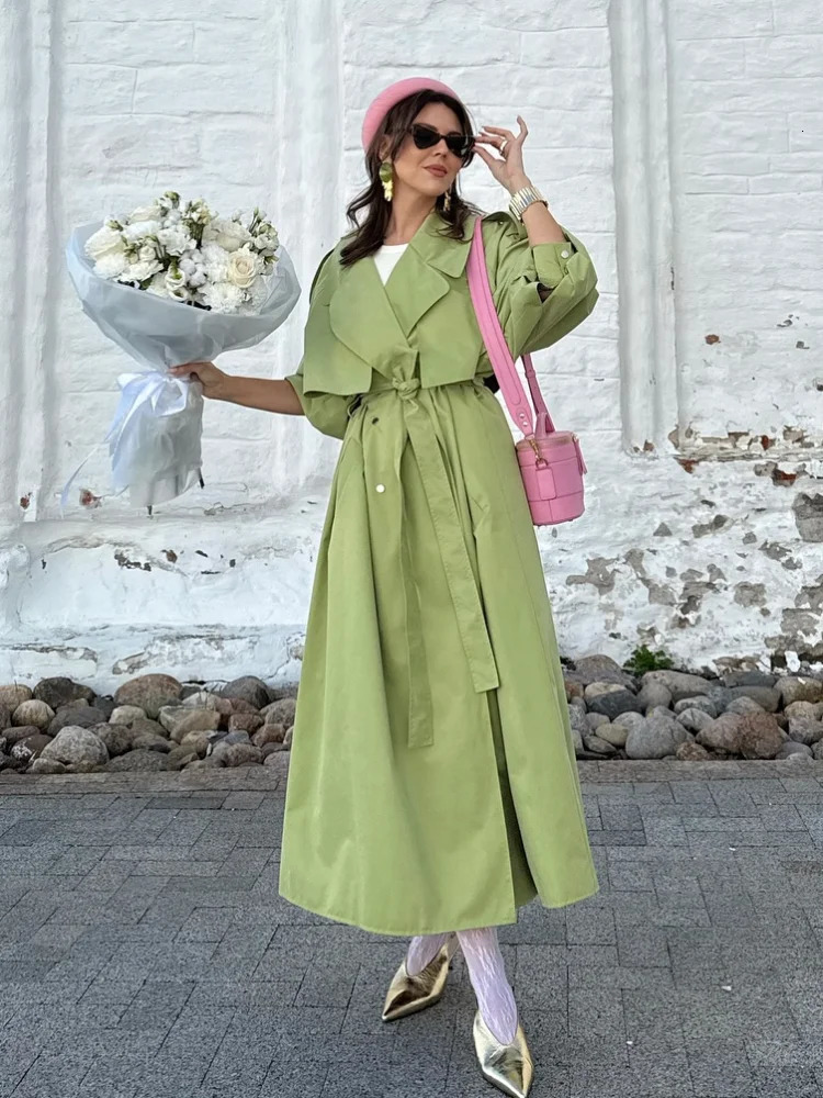 Women Green Oversized Belt Overcoat Elegant Long Sleeve Pleated Lapel Lace Up Windbreaker Autumn Lady Daily Street Outerwear 251021