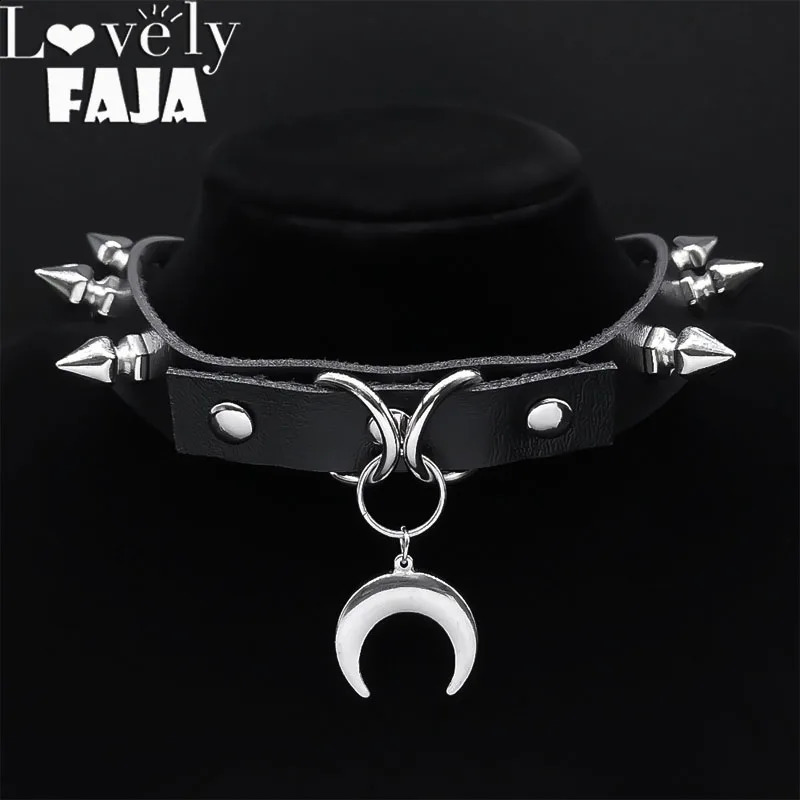 Punk Crescent Moon Harajuku Choker Goth Rivet Necklace Stainless Steel Pendant Pu Leather Chain Gothic Black Necklace Jewelry 251023