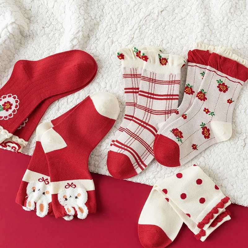 5 Pairs Cute Cotton Rabbits Children Girls Midcalf Socks Festival New Year celebration Letter Comfortable Soft Gifts Socks J251024