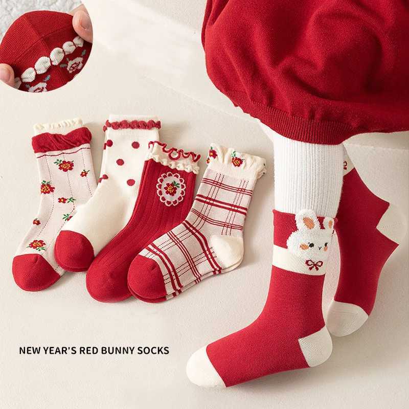 5 Pairs Cute Cotton Rabbits Children Girls Midcalf Socks Festival New Year celebration Letter Comfortable Soft Gifts Socks J251024