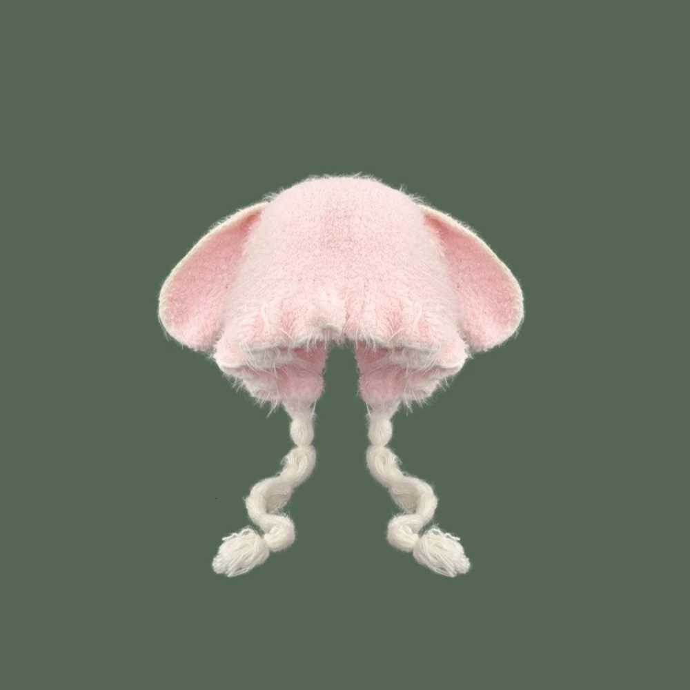 New Japanese Style Furry Ear Flap Hat with Tie Closure Womens Warm Knit Winter Cap in Lei Feng Style for a FaceSlimming LookL251024