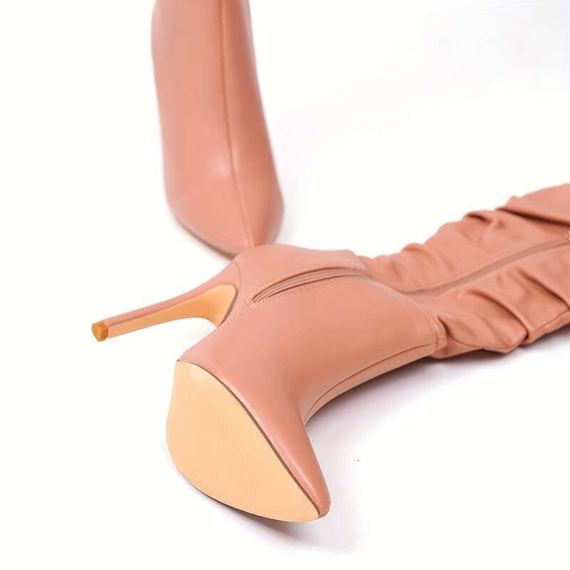 Women's Solid Color Stiletto Heeled Fashion Point Toe Over The Knee Boots, Stylish Side Zipper Faux Leather Boots