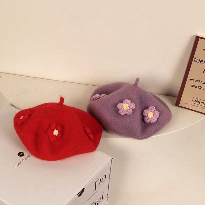 Children Solid Woolen Knitted Beret Crochet Flower Octagonal Hat Princess Girls Artist Painter Cap Winter Warm Kids Beanies 26YL251024