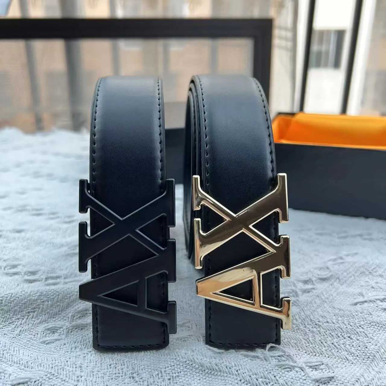 2025 New Crossborder Mens Belt Letter AX Buckle Waistband 38cm Fashionable Plain Weave Lychee Pattern Simple Versatile Belt W251024