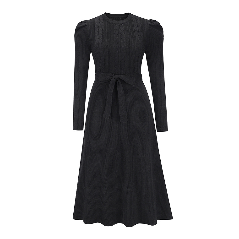 Autumn and winter new bubble long sleeved knitted dress, mid to long, elegant and slim fit designer, high waisted flared dress, base sweater dress