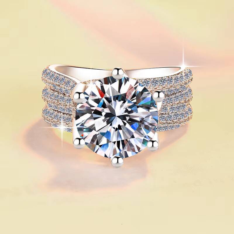 GRA S925 Sterling Silver Gold Plated Luxury Extra Large 5CT Moissanite Diamond Three Row Six Prong Twist Ring Engagement