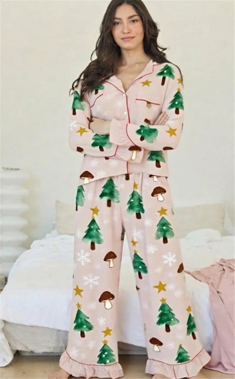 Hirigin Womens Christmas Pajama Set Two Piece Lounge Set with Christmas Trees Stars Mushrooms Ruffled Hems Night Wear Outfits 251020