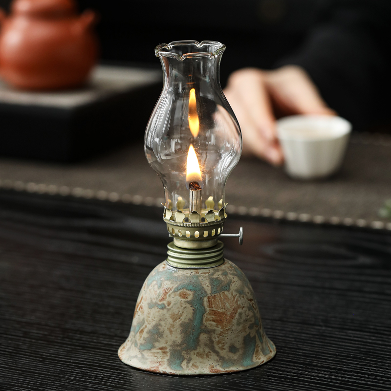 Ceramic Oil Lamp with Adjustable Wick - Vintage Hurricane Lantern for Indoor & Outdoor Use, Desk Decor, Camping Fuel Light (Kerosene Not Included), No