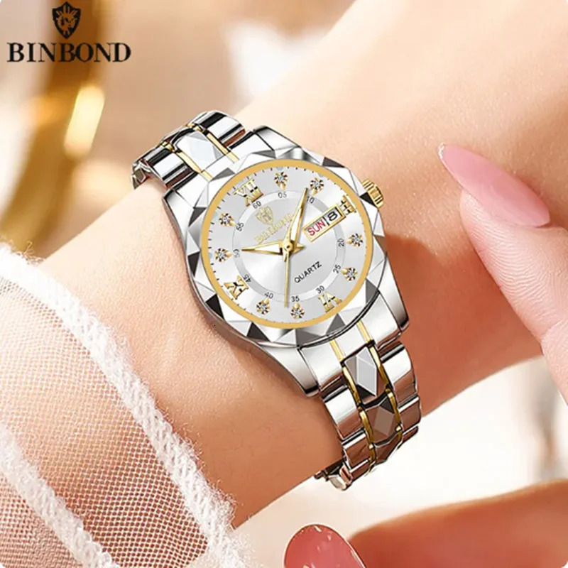BINBOND 2522 Fashionable Womens Quartz Watch Tungsten Steel Timer Waterproof Night Light Dual Calendar Womens Watch 251021