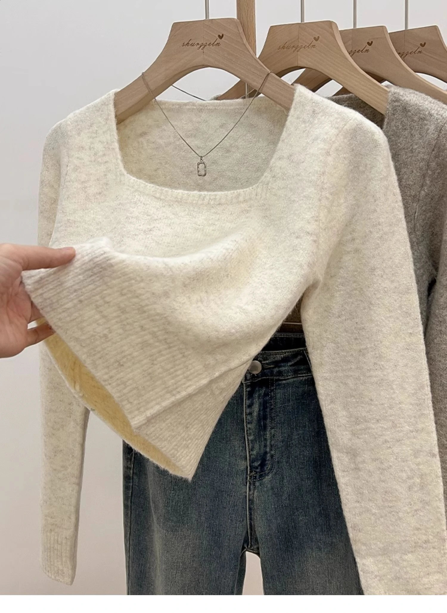 Square Collar Knitted Sweater Tops Women Autumn Winter Korean Solid Fashion Casual Long Sleeve Pullovers Ladies Clothing 251023