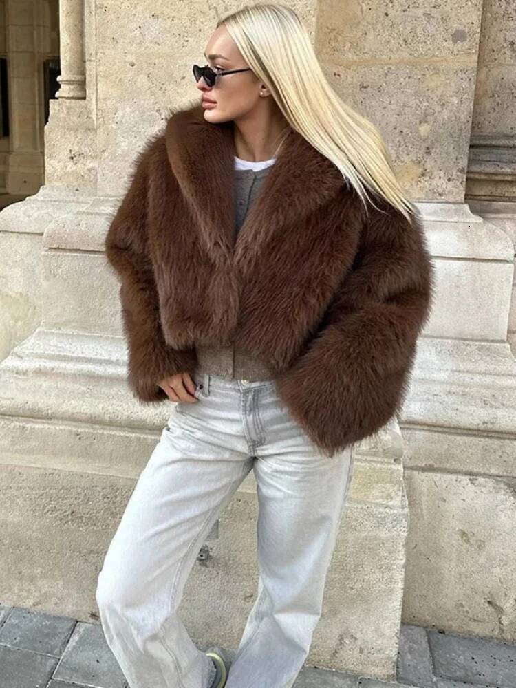 Women's Retro Warm Faux Fur Jacket Thicken Lapel Long Sleeve Hidden Button Casual Loose Soft Crop Outwear Winter Chic Coat dongdumaoyi