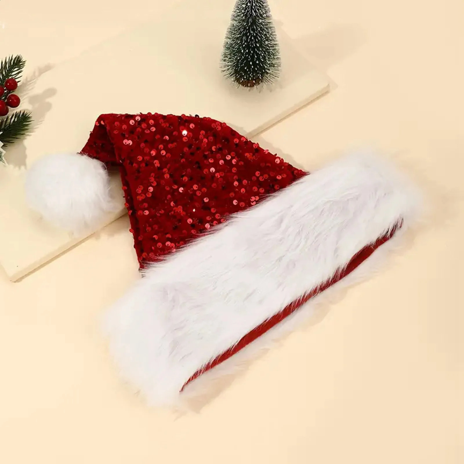 Doublelayer sequined Christmas hat holiday decoration Shanghai style plush hat Christmas decoration hat red 251023