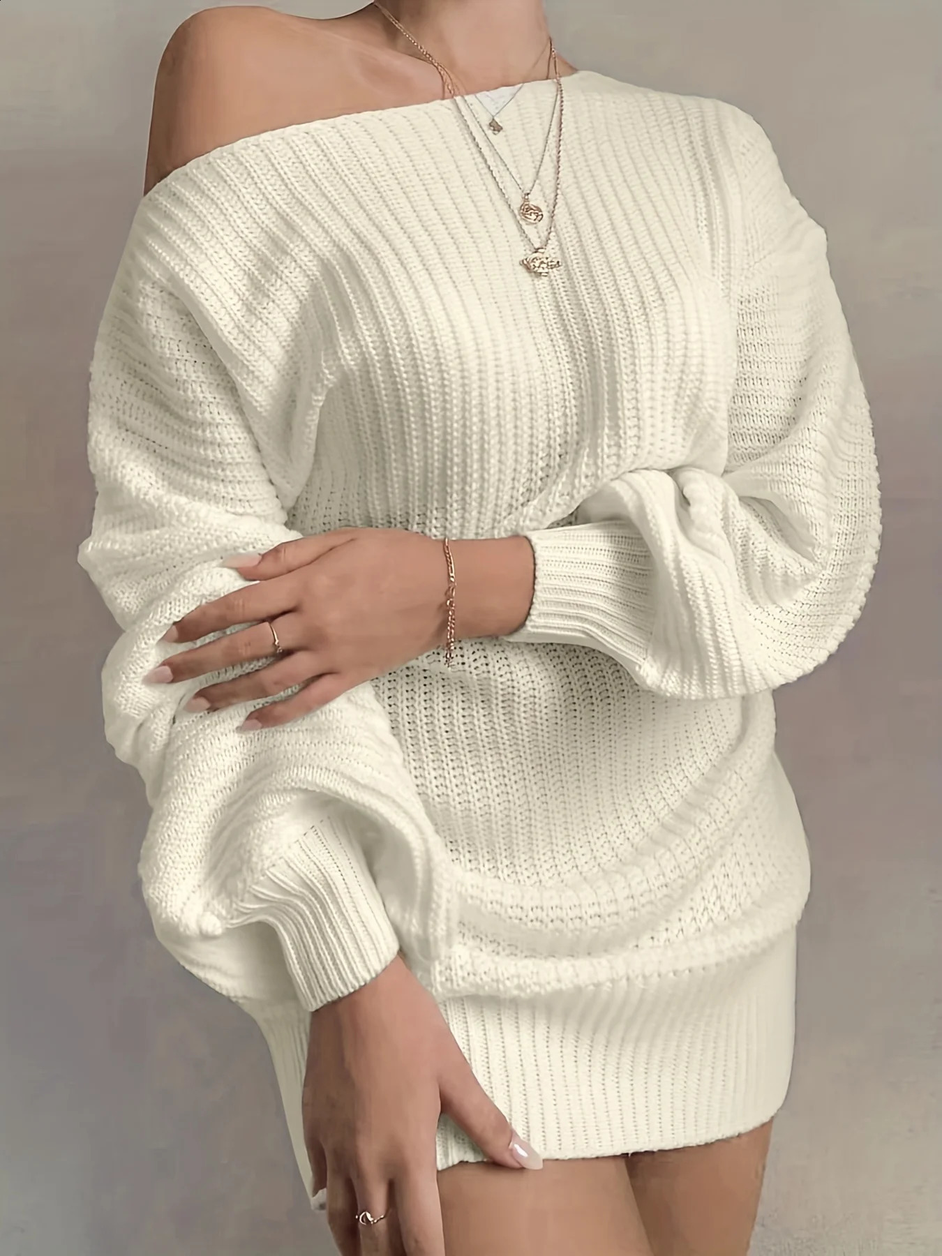 Solid Off Shoulder Knitted Dress Casual Long Sleeve Sweater Dress For Fall Winter Womens Clothing 251023
