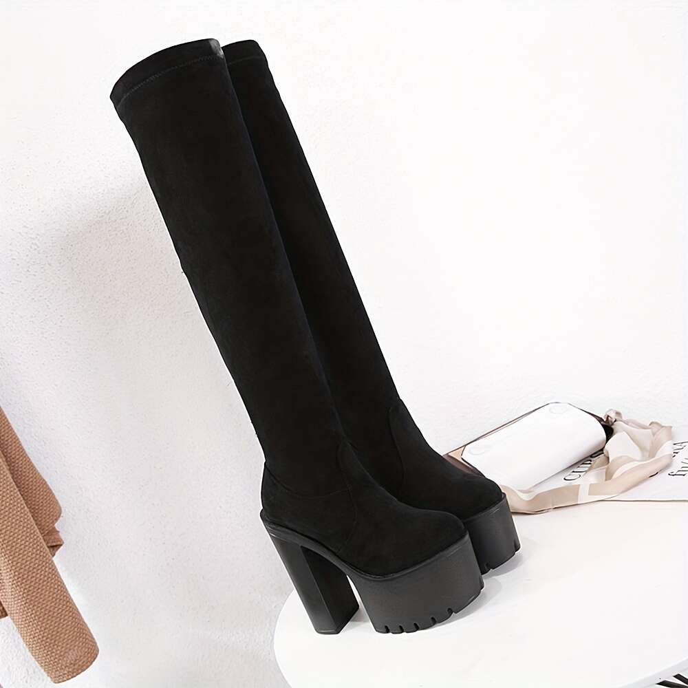 Black Block Heeled Boots, Round Toe Slip On Platform Shoes, Women's Fashion Solid Color Boots