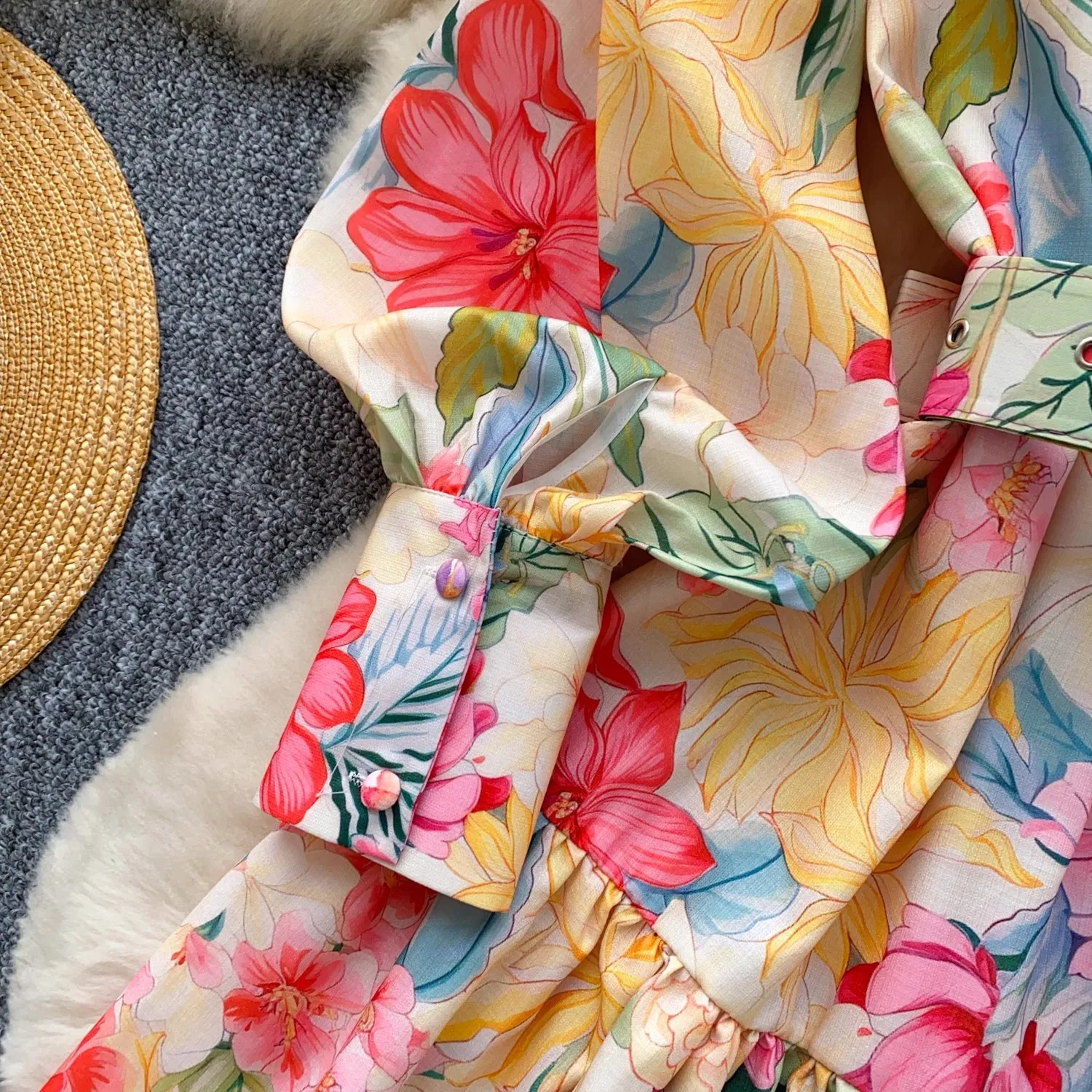 Runway Gorgeous Flower Linen Robe Dresses Women Summer Stand Holiday Lantern Sleeve Floral Print Belt Evening Party Vestido 251022