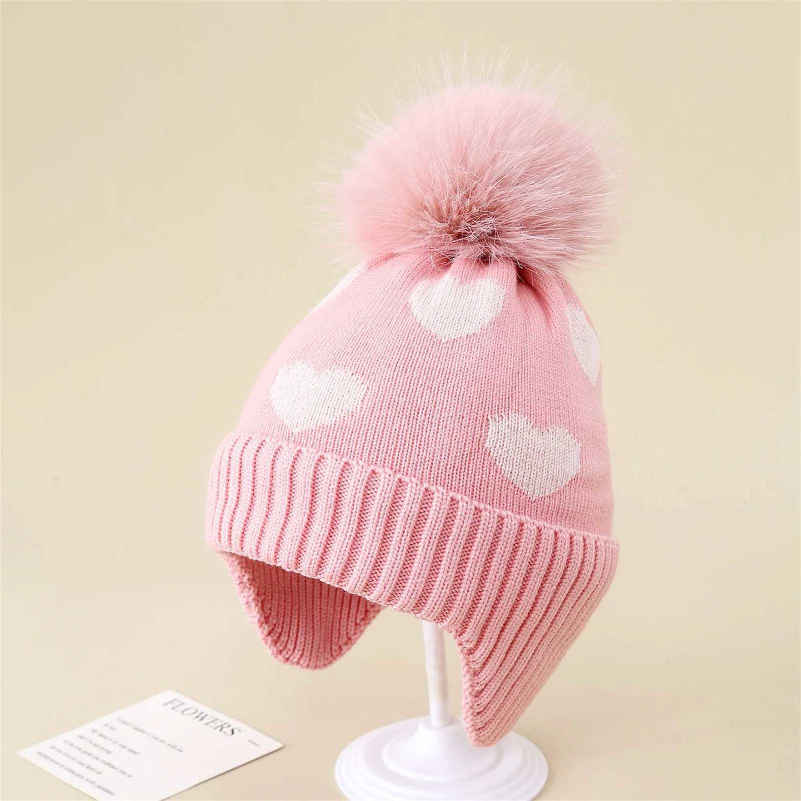 Girls Knitted Hat with Heart Pattern and Plush Ball Baby Winter Hats Warm HeadwearL251024
