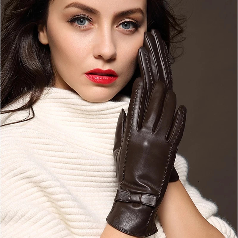 100 High Quality Real Leather Gloves Touch Screen Gloves Women Sheepskin Gloves Thicken Warm Brown Lady Warm Fleece Mittens 251023