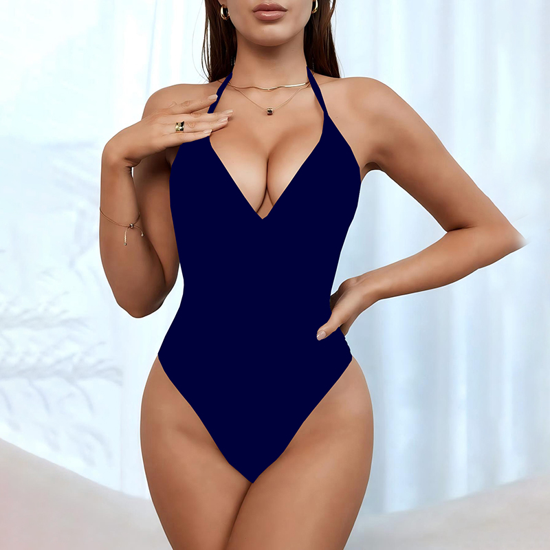 Wholesale European and American solid color hanging neck one-piece sexy bikini women's multi-color slim fit swimsuit women