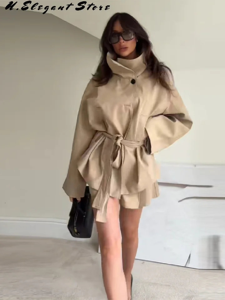 Vintage Khaki Solid Trench Jacket For Women Lapel Full Sleeve Casual Coat With Belt Lady Autumn Winter Streetwears 251021