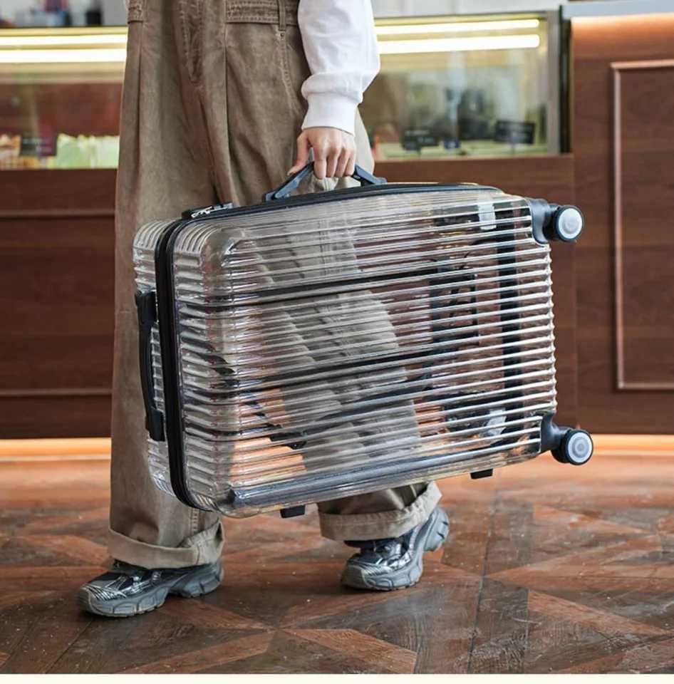 Transparent PC Carry On Suitcase 20 inch Cabin Luggage Trolley Bag On Wheels Fasion Rolling LuggageW251024
