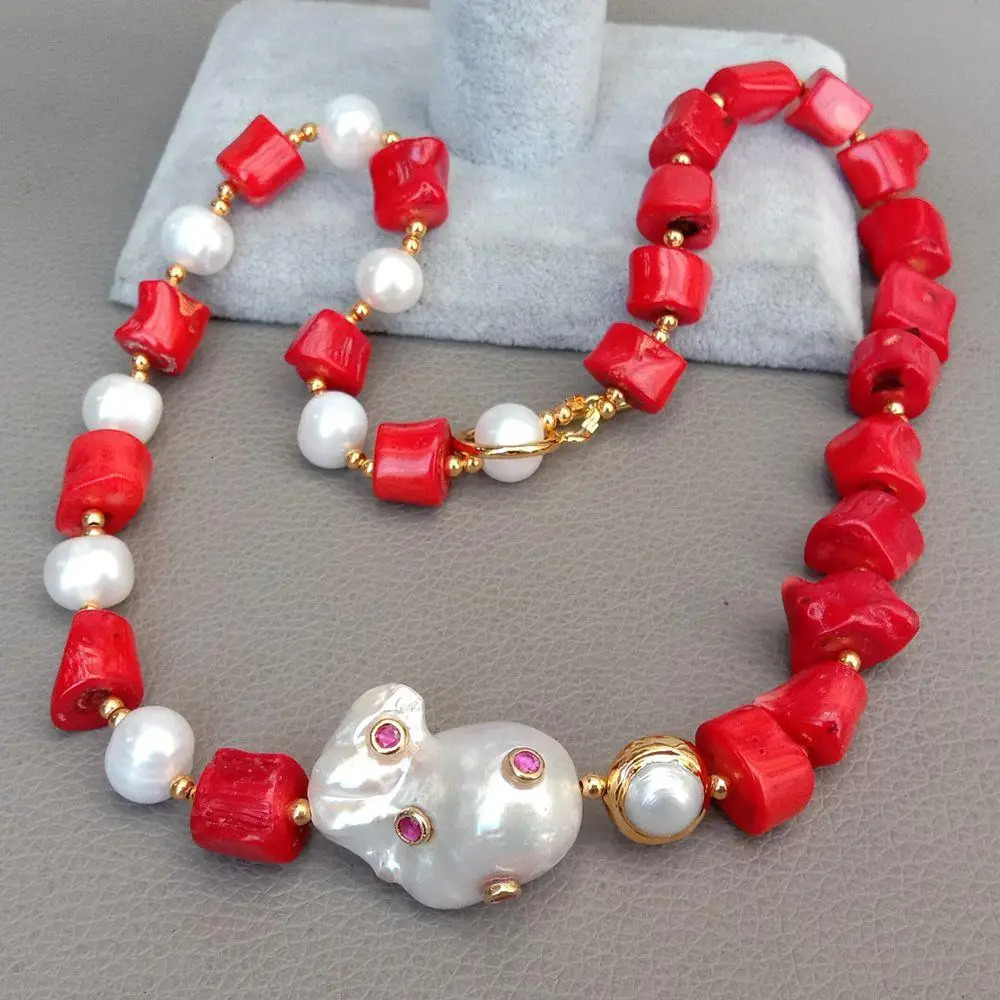 Red Coral White Pearl Necklace White Keshi Pearl Cz pave Pendant 21 251016