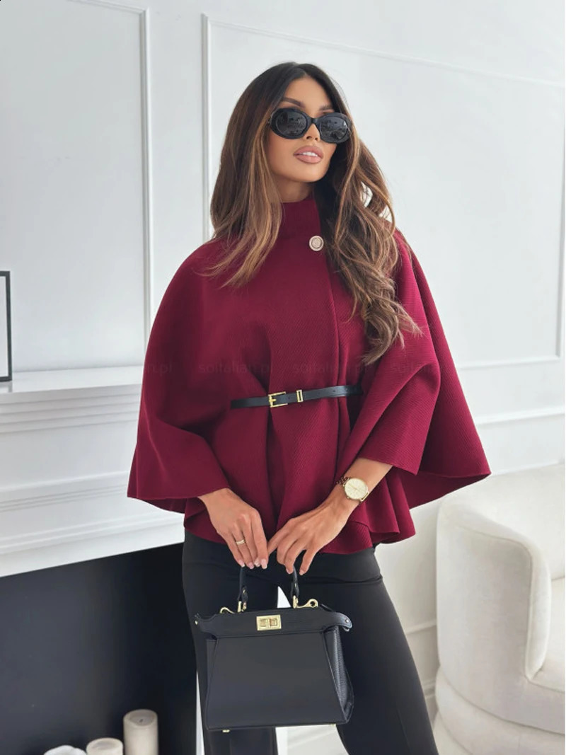 Women Single Buckle Batwing Sleeve Coat Autumn Winter Elegant Lady Tweed Waist Cinching Poncho Trend Thick Warm Loose Outwear 251020
