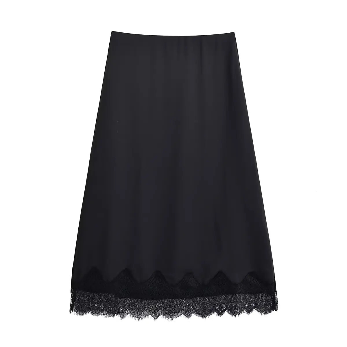 Tidalyf Women Satin Midi Skirt with Lace Trim Elegant Chic High Waist Slim Fit Casual Fashion Outfit 251017