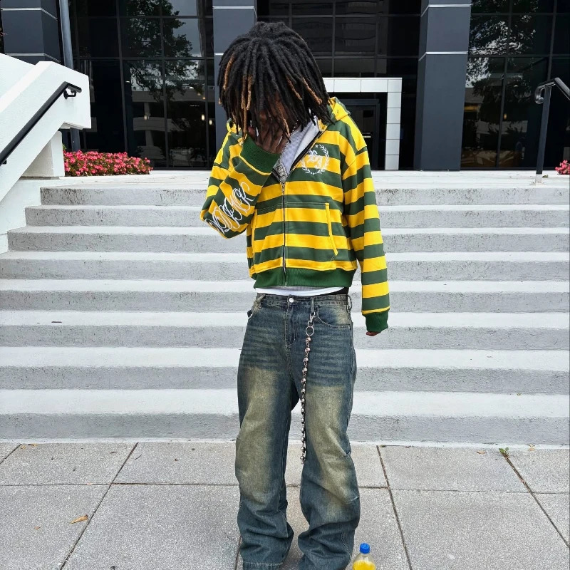 Y2K Retro Stripe Sweatshirt Rivet Embroidery Street Kid Zip Up Hoodie Hip Hop Color Blocking Streetwear Unisex Boxy Clothing 251018