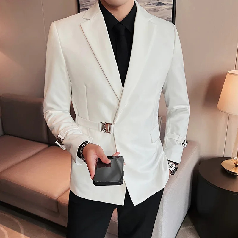 Men Party Wedding Banquet Blazer Solid Metal Buckle Decoration Blazer For Italian Suit Jacket Slim Fit Blazer Homme 251023