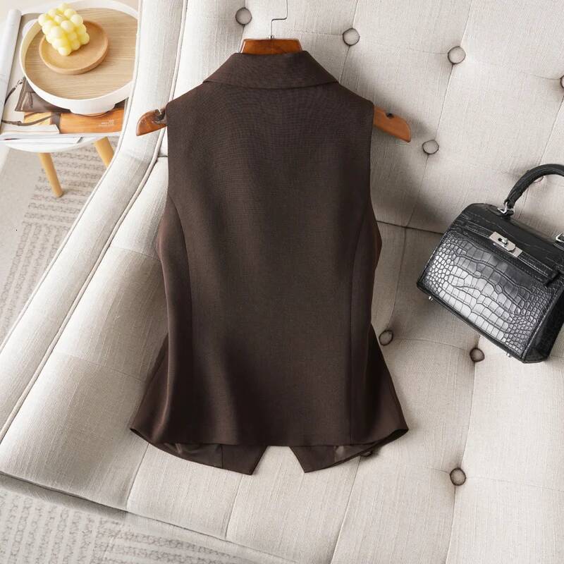 Brown Suit Vest for Women Spring and Autum Short Single-Breasted Slim Workplace Elegant Sleeveless Top Jacket dongdumaoyi