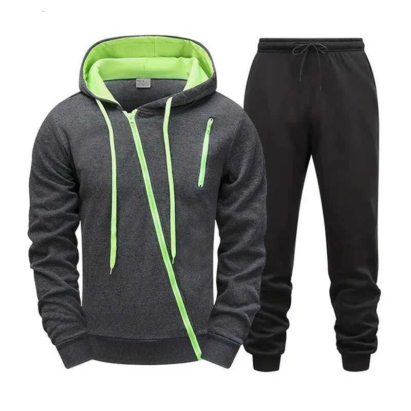 Mens Tracksuit Creative Diagonal Zipper Design Hoodie Sweatpants 2025 Autumn Winter Casual Sporty Motorcycle Hooded Coat OutfitT251024