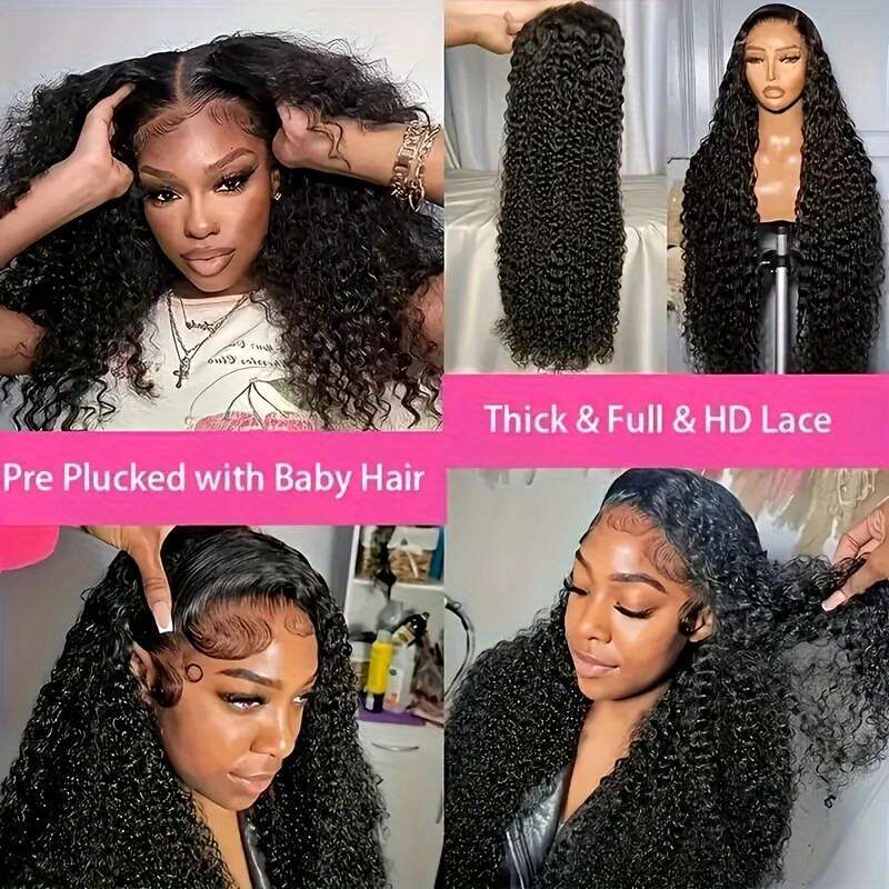 ESTILAR Deep Front Water Wave Curly Natural Black 13X4 HD Lace Frontal Wig Full And Thick Human Hair Wigs for Halloween Christmas Festivals