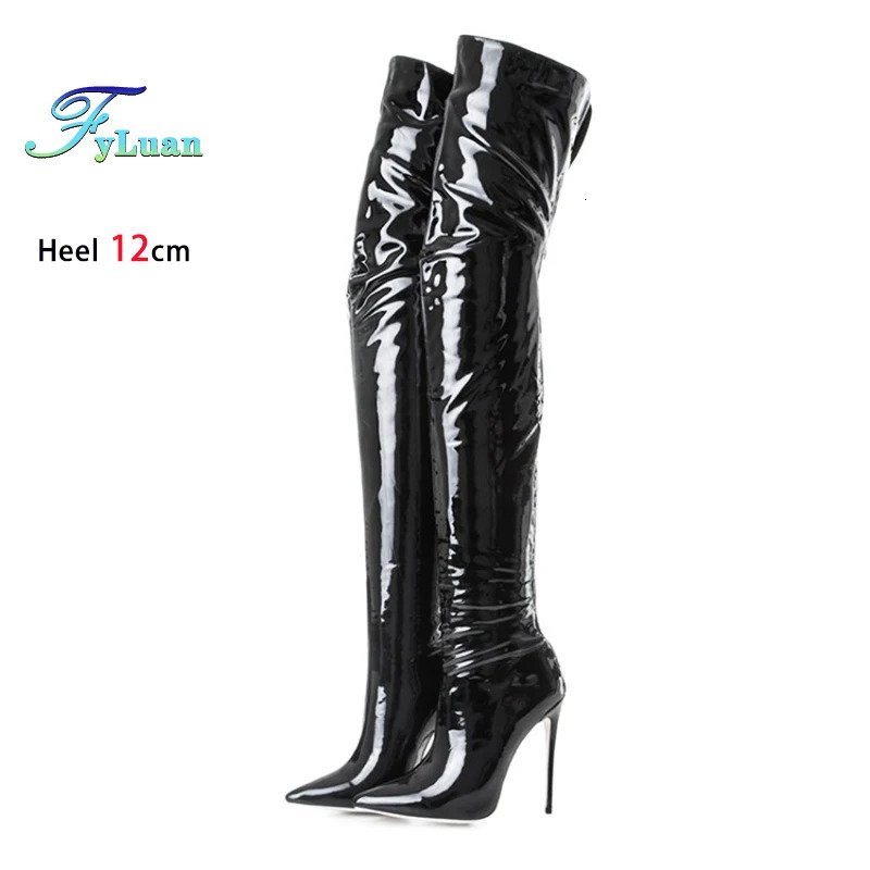 Back Zipper Slim Leg Thigh Boots For Woman 2025 Pointed 12CM Thin High Heels Glossy Leather Black Over The Knee Women Boots 251023