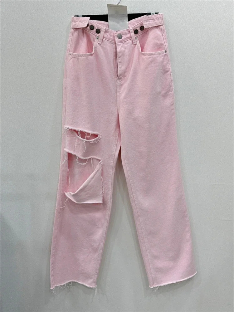 REALEFT 2025 Hole Pink Womens Denim Wide Leg Pants High Waist Spring Summer Casual White Jeans Straight Trourses Female 251023