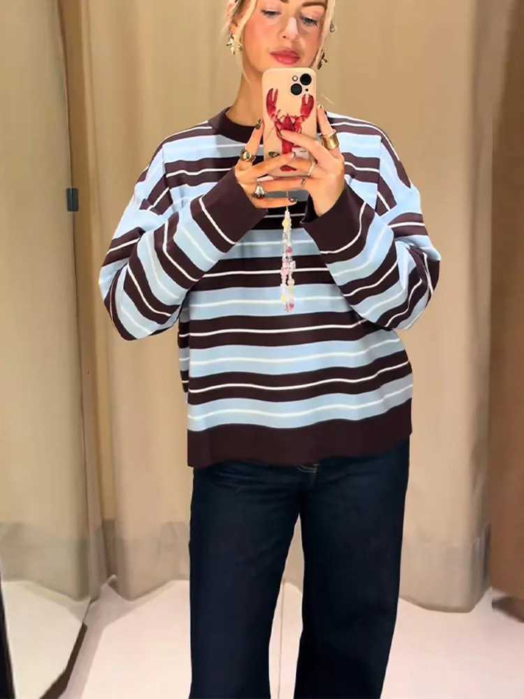 Womens Striped Crew Neck Knitted Sweater Oneck Full Slve Blue Brown White Top 2025 Autumn Female Casual Comfortable Pullover C251024