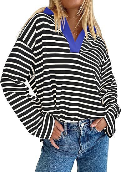 2025 Autumn and Winter New Striped V-Neck Color-Block Loose Long-Sleeve Sweatshirt Jacket