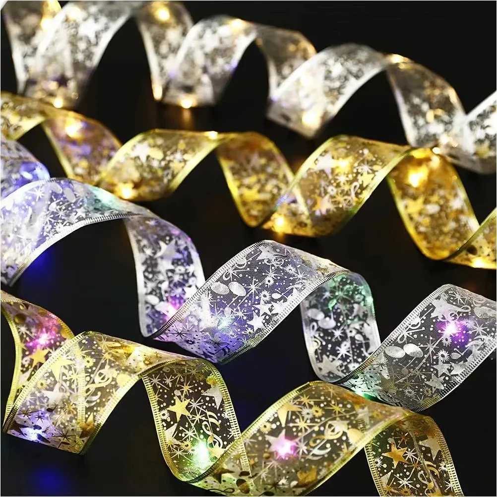Christmas Ribbon Fairy Light Christmas Decoration For Home 2026 DIY Bows String Light Tree Ornaments Xmas Decor New Year 2026 C251024